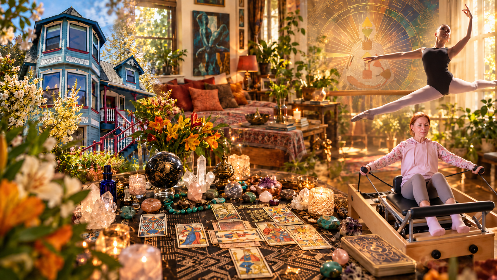 Collage of a TNR studio setting, Tarot cards, and Human Design imagery