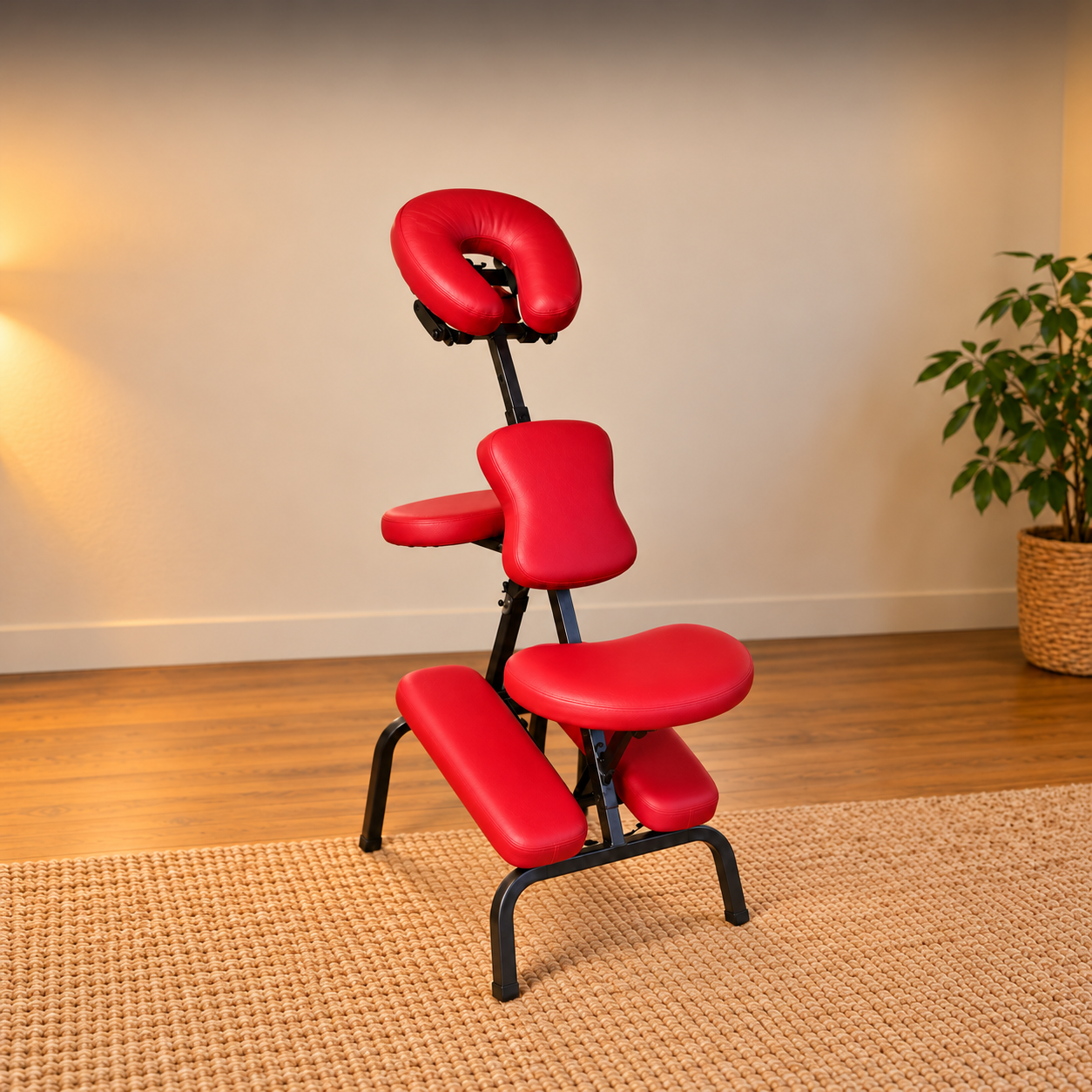 Red chair used for therapeutic hands-on bodywork in a quiet treatment room