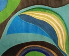 Blue, green, and gold abstract curved artwork