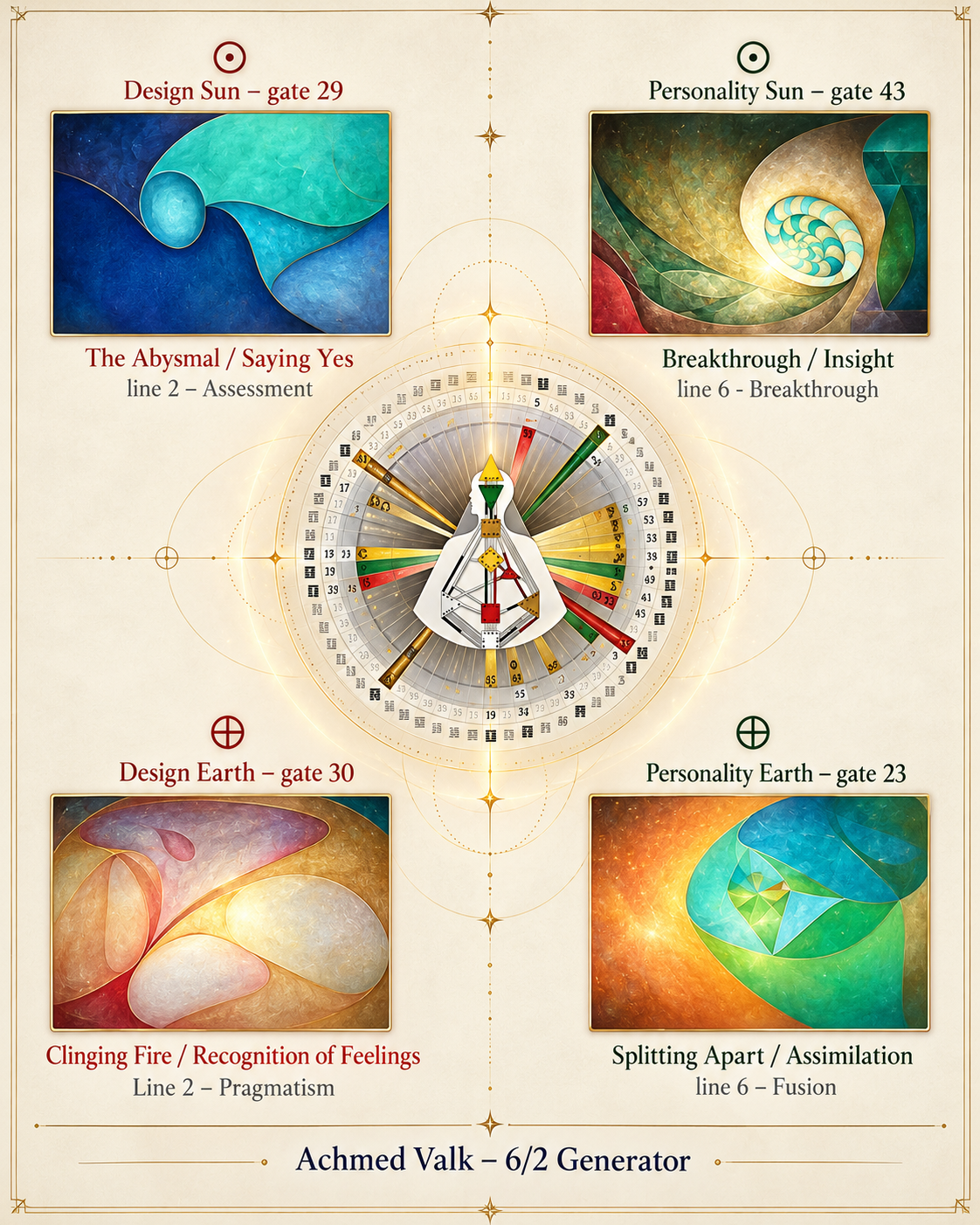 Achmed Valk’s Human Design Gazing Chart showing gates 29, 43, 30, and 23