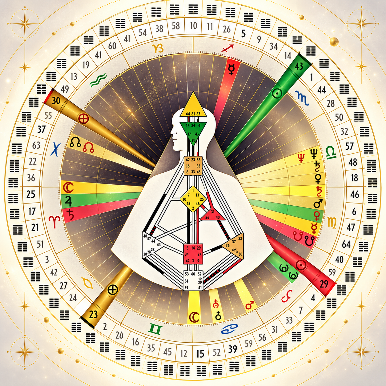 Achmed’s Human Design Rave Mandala with bodygraph, I Ching hexagrams, and planetary gate rays
