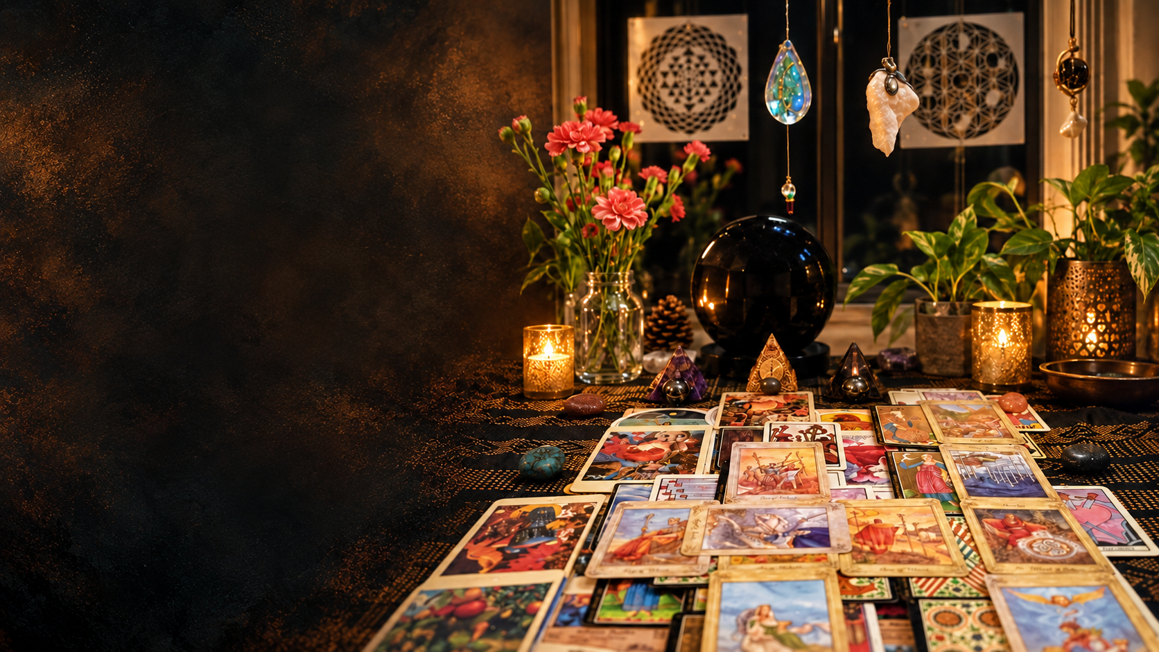 Tarot cards arranged on a table in a candlelit studio with flowers and symbolic artwork