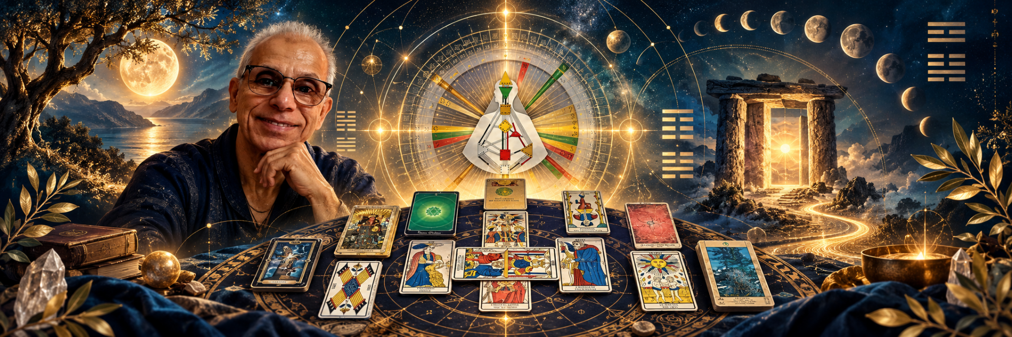 October Tarot spread, Human Design mandala, I Ching symbols, and celestial landscape